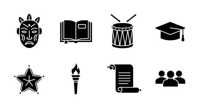 Silhouette icons: education, culture, music, and achievement symbols