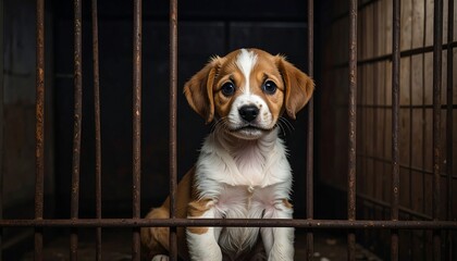 An expressive tan and white puppy stands behind rusty bars, looking directly at the viewer