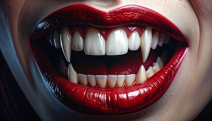 Naklejka premium An extreme close-up shot of a smiling mouth with glossy red lipstick and sharp, protruding fangs