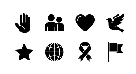 Set of minimalist black icons featuring peace, love, and global unity symbols