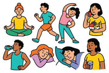 Diverse people practicing healthy lifestyle activities like yoga running eating sleeping and drinking