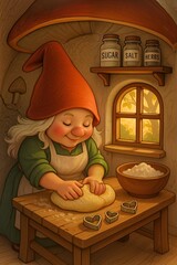 Smiling elderly gnome woman kneading bread dough in cozy mushroom house kitchen with warm light