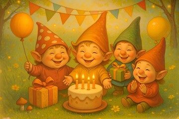 Adorable gnome children celebrating birthday with cake, gifts and balloons in magical meadow