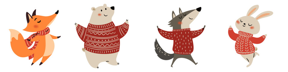 Cute forest animals wearing scarves and winter sweaters: a wolf, a hare, a bear, and a fox. A set of flat vector illustrations on a white background. . Vector illustration