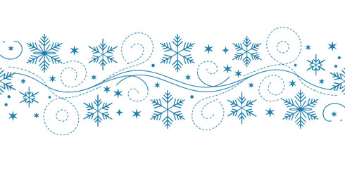 Elegant blue snowflake border with swirling frost patterns on white background