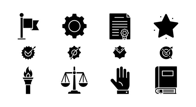 Icon set featuring award, achievement, and certification symbols in black and white silhouette style