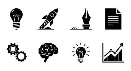Creative icons set: innovation, technology, and business graphics in silhouette style
