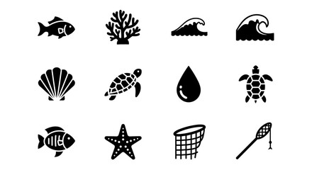 Minimalist marine life icons: aquatic animals and ocean elements in silhouette style