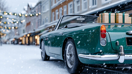 Obraz premium A green retro convertible car driving on a snow-covered road. On the back seat are several gift boxes decorated with gold ribbons.