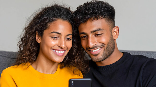 A young Indian couple sitting close to each other. They are looking at a smartphone screen, sharing some interesting content.