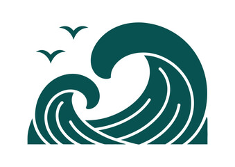 Naklejka premium Stylized ocean wave with seabirds flying above, symbolizing nature and freedom
