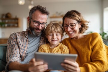 Happy family enjoying tablet time together