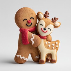 &ldquo;Gingerbread Man Hugging a Baby Reindeer Christmas Cookie&rdquo; A gingerbread man hugging a baby reindeer, forming a heartwarming Christmas cookie scene, with pastel icing details, a red scarf 