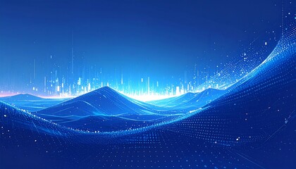 Abstract blue landscape with digital patterns forming hills under a light cityscape