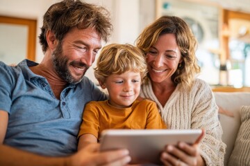 Happy family enjoying tablet time together