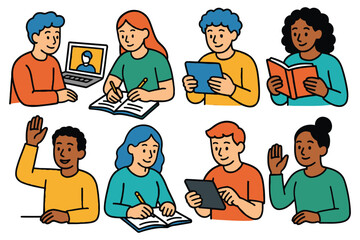 Diverse group of students learning and studying together in a classroom setting