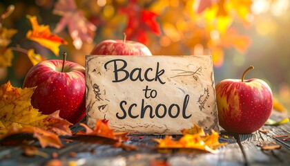 Back to School" message on aged paper amid fall foliage and red apples, on a weathered wooden surface