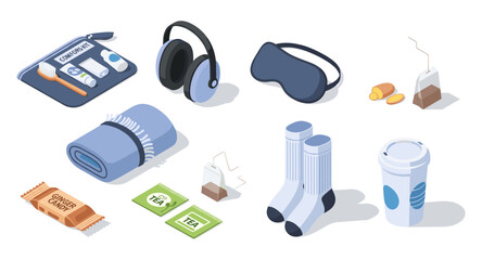 Essential travel items: isometric views of comfort and relaxation products