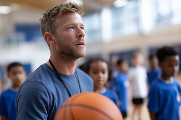 A man with a basketball in his hand is watching a group of children play