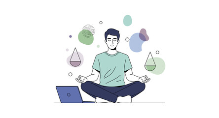 Calm person meditating with laptop surrounded by abstract shapes