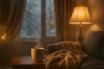 Cozy scene featuring a steaming cup of coffee on a wooden table, with a warm knitted blanket and a softly lit lamp, creating a tranquil atmosphere for relaxation