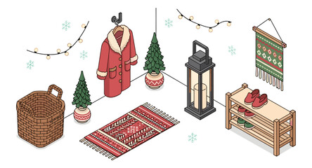 Cozy winter entryway with festive decor and scandinavian christmas elements