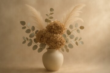 Elegant arrangement of dried flowers in a round ceramic vase, featuring soft hues and delicate textures, creating a serene and calming atmosphere for home decor