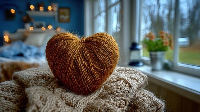 Cozy heart shaped yarn resting on textured knit blankets near a window, evoking warmth and handmade comfort