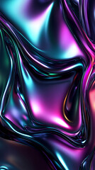 Abstract texture with iridescent metallic folds in black, blue, and pink shades. The surface resembles liquid metal or silky fabric.