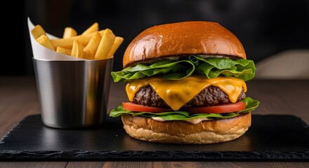 Classic cheeseburger with beef patty, cheddar, lettuce, tomato, and french fries