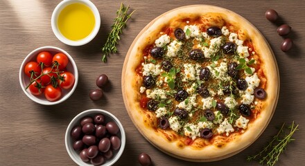Delicious greek pizza with feta cheese, olives, tomatoes, and herbs on wooden table
