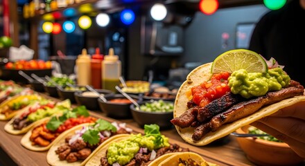 Delicious tacos on a wooden table with colorful lights in the background