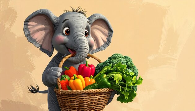 Animated elephant with a basket of colorful vegetables against a light yellow backdrop in a whimsical style - Powered by Adobe