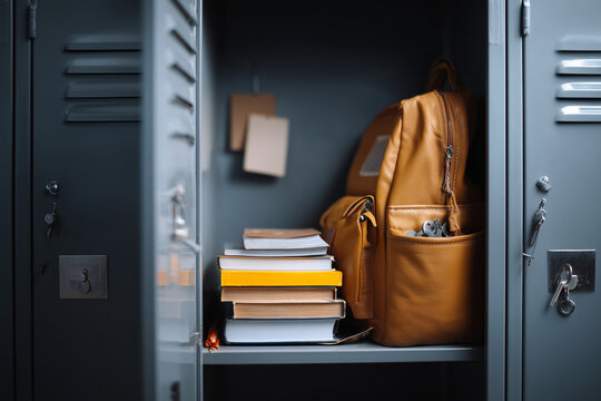 A locker room with a brown backpack and a stack of books - Powered by Adobe