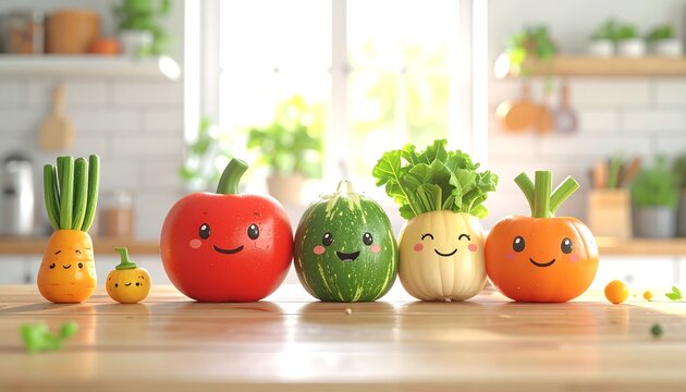 Animated fruits/vegetables with cute faces are lined up on a wooden surface, window and blurry kitchen as background