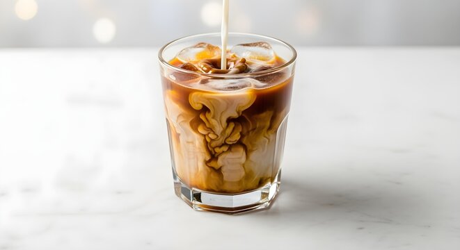 Pouring cream into a glass of iced coffee on a marble surface, refreshment
