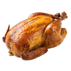 Whole Roasted Chicken with Golden Brown Crispy Skin, Isolated on Transparent Background