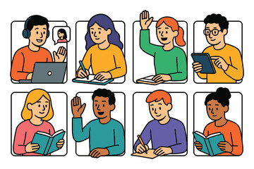 Diverse group of students learning remotely and in person with books and laptops