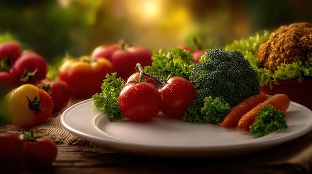 Vibrant fresh vegetables including tomatoes broccoli carrots and lettuce glistening with water droplets on a rustic wooden table