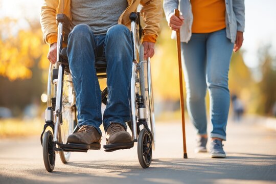 Assisting an elderly person in a wheelchair outdoors