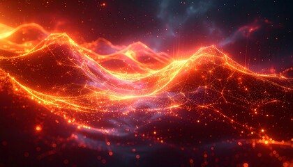 Abstract fiery landscape with glowing lines and points against a dark, cloudy background