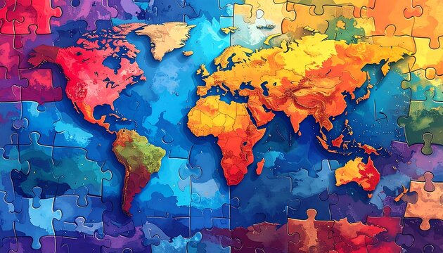 A colorful world map assembled from puzzle pieces, painted with vibrant hues, showing land and sea textures