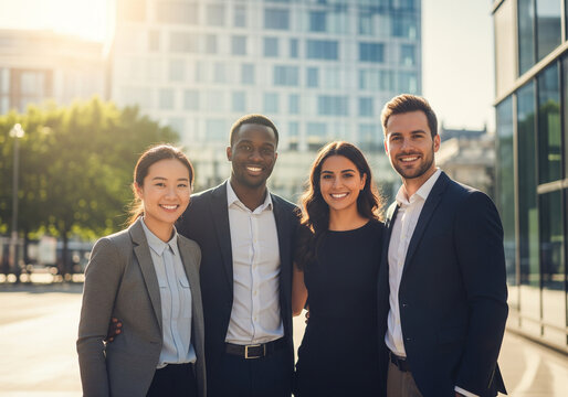 Diverse Group of Business Professionals Smiling Confidently Against a Modern City Building - Powered by Adobe