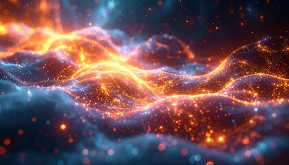 Abstract, flowing digital wave pattern, showcasing orange glowing particles over a soft, dreamy blue background