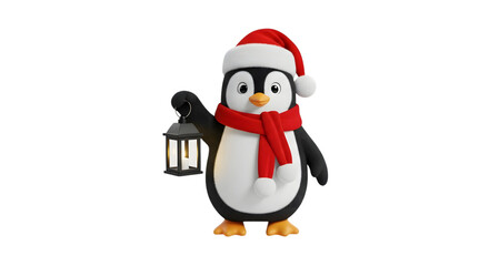 Obraz premium Cute christmas penguin holding a lantern isolated on transparent background