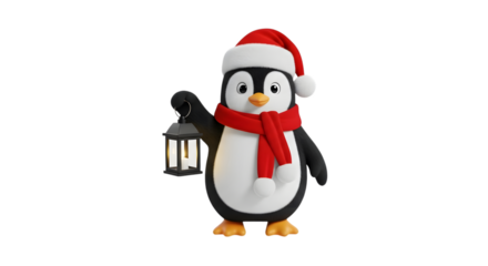 Cute christmas penguin holding a lantern isolated on transparent background