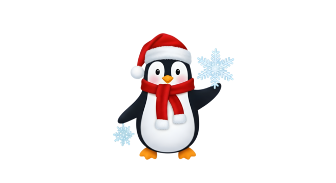 Cute cartoon penguin wearing santa hat and scarf isolated on transparent background
