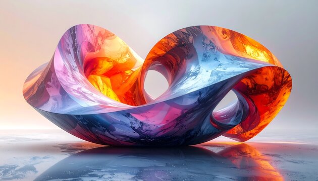 Abstract, swirling art piece with warm and cool tones reflects on a glossy surface against a blurred backdrop