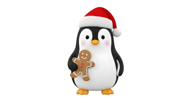 Cute christmas penguin holding gingerbread man isolated on transparent background