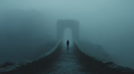 Mysterious figure walking alone through fog on an ancient stone bridge at dusk